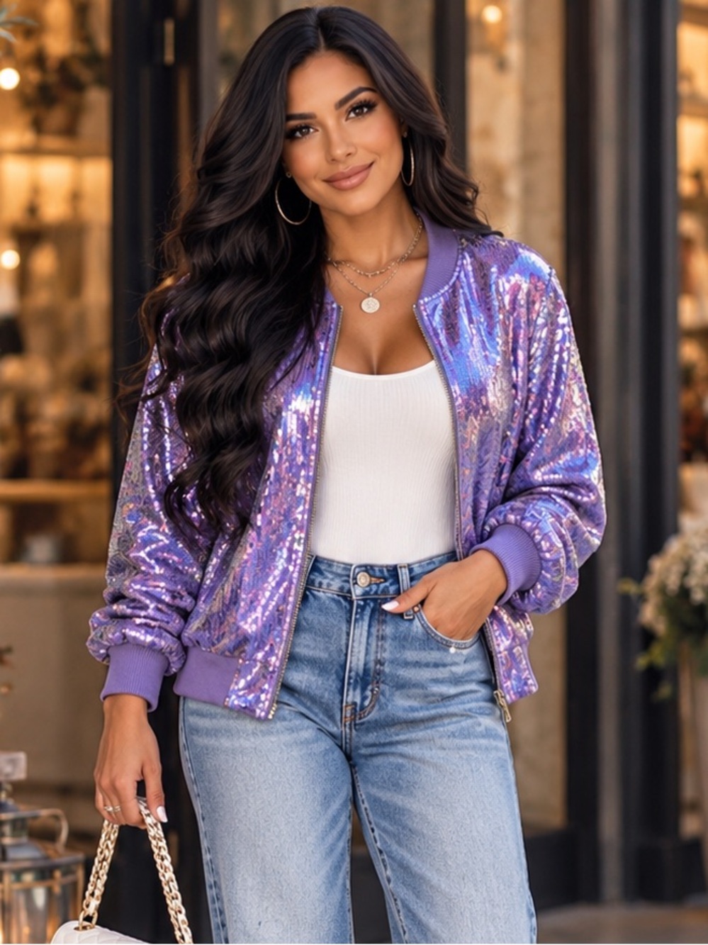 NEW Kate & Mallory Iridescent Lilac Sequin Full Zip Elegant Bomber Jacket Size L
